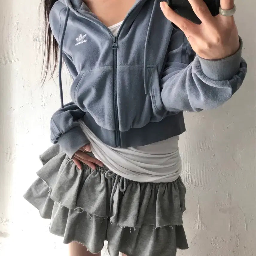 [BUNJANG] Adidas Mute Blue Terry Crop Hooded Zip-Up S / Adidas 아디다스 뮤트블루 컬러 테리 크롭 후드집업