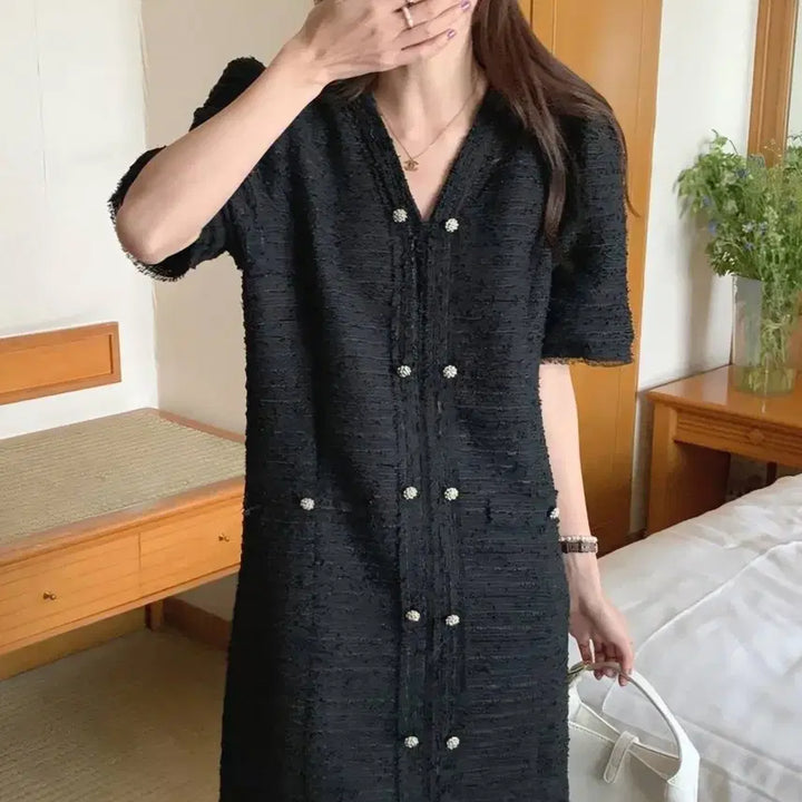 [BUNJANG] Tweed Black Short Sleeve Dress / 트위드 블랙 반팔 원피스