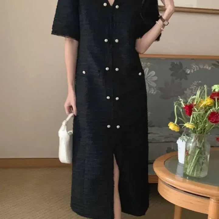 [BUNJANG] Tweed Black Short Sleeve Dress / 트위드 블랙 반팔 원피스