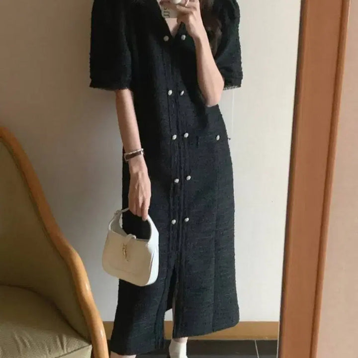 [BUNJANG] Tweed Black Short Sleeve Dress / 트위드 블랙 반팔 원피스