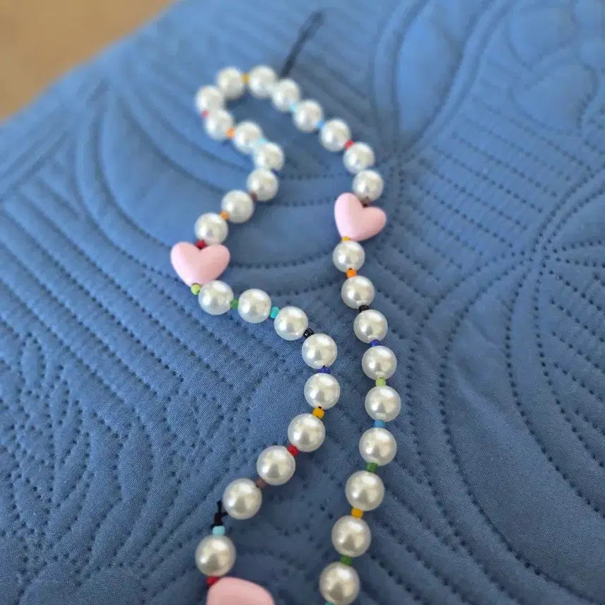 [BUNJANG] Pearl Phone Strap Charm with Pink Heart Accent / 핸드폰 스트랩 키링 팔아요