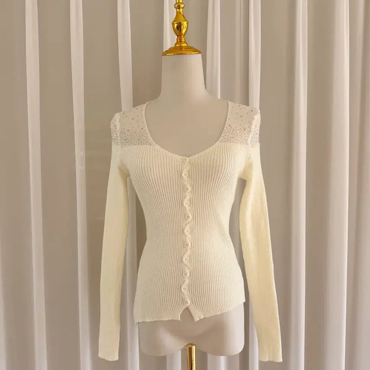 [BUNJANG] Ivory Cubic Embellished Knit Cardigan / 새상품) 아이보리 큐빅 장식 니트 가디건 수입의류