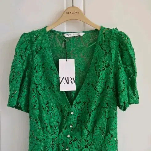 [BUNJANG] ZARA Green Lace Puff Sleeve Blouse XS / ZARA 그린 레이스 퍼프 블라우스