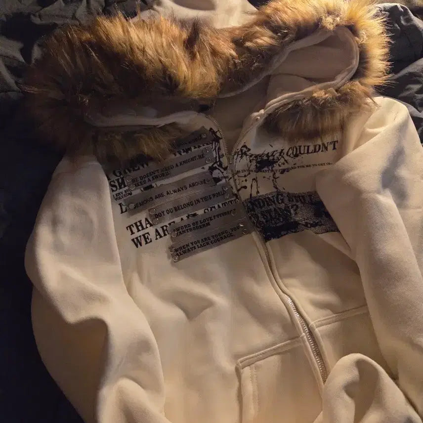 [BUNJANG] Fur Hood Printing Zip-Up / 퍼 후드 프린팅 집업