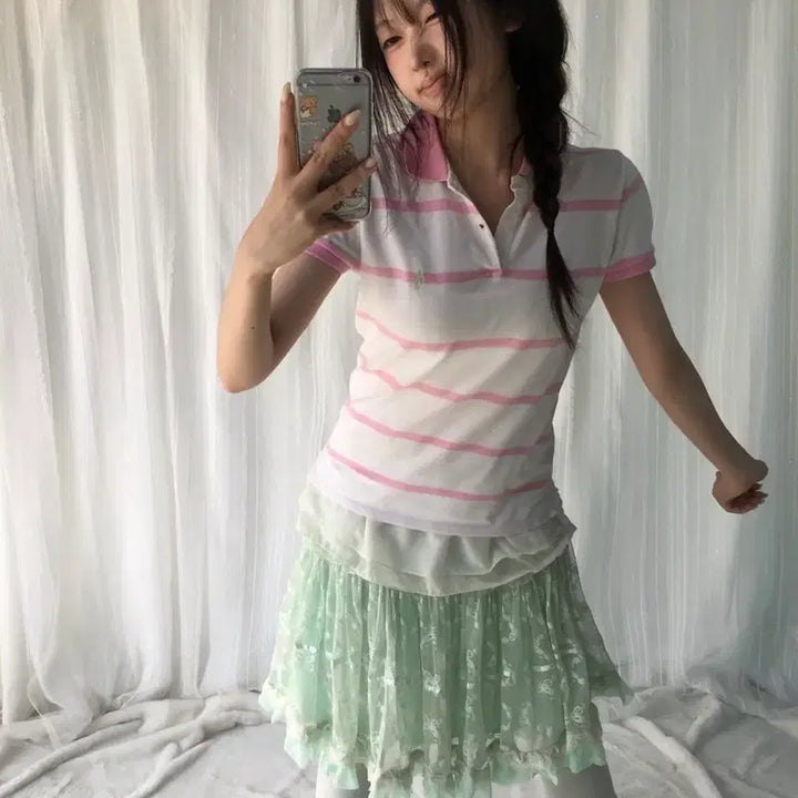 [BUNJANG] Polo Ralph Lauren Vintage Pink Stripe T-Shirt / 폴로 빈티지 핑크 스트라이프 티 스윙잉서울밀키코일 입질연 캔디 하라주쿠