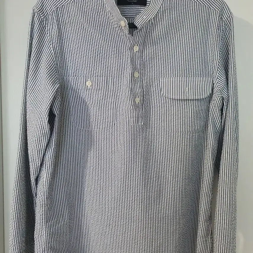 [BUNJANG] Striped Seersucker Henry Neck Shirt / 봄여름 시어서커 하프셔츠95