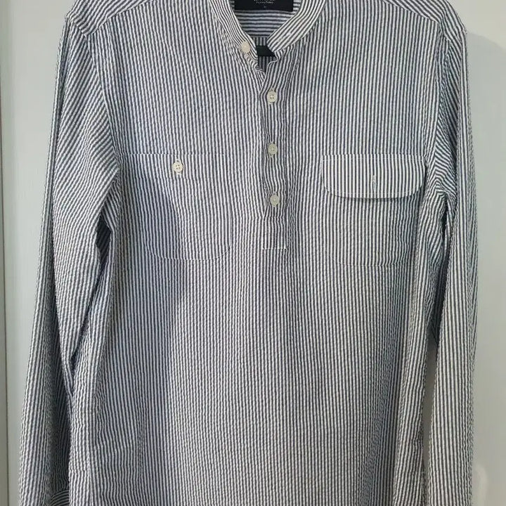 [BUNJANG] Striped Seersucker Henry Neck Shirt / 봄여름 시어서커 하프셔츠95