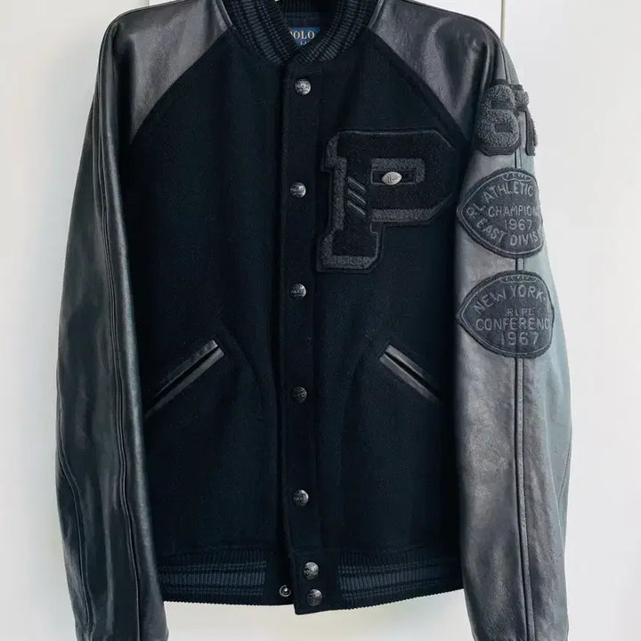 [BUNJANG] Polo Ralph Lauren Wool Leather Letterman Varsity Jacket Black Size S / 폴로 랄프로렌 울 레더 레터맨 바시티 자켓 올블랙 S (부산아울렛 스탬프