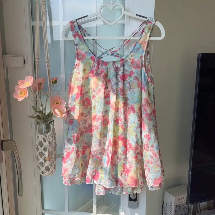 [BUNJANG] Vintage Floral Chiffon Sleeveless Blouse / [빈티지] 플라워 쉬폰 슬리브리스 블라우스 -옷장정리