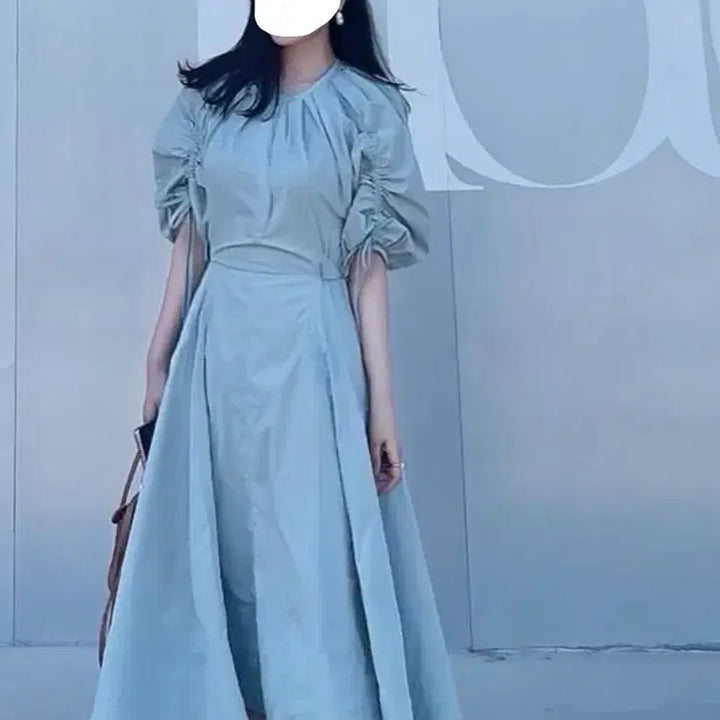 [BUNJANG] Mint Puff Sleeve Long Dress / 민트색 퍼프소매 롱 원피스