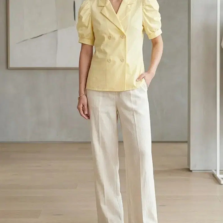 [BUNJANG] Yellow Puff Sleeve Blouse Jacket / 새상품 옐로우 퍼프 반팔 블라우스겸자켓