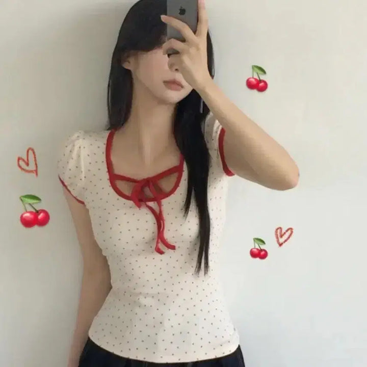 [BUNJANG] Polka Dot Heart Short Sleeve T-Shirt / 땡땡이 하트 반팔 (에이블리