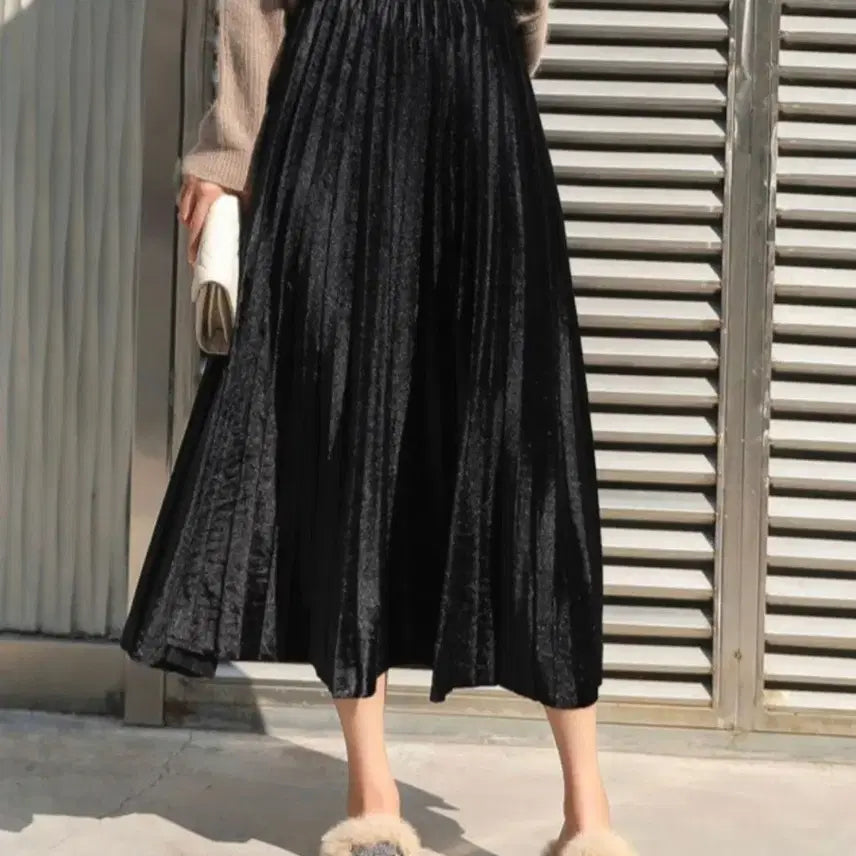 [BUNJANG] Velvet Pleated Long Skirt - Black / 미착용 벨벳 플리츠 롱 스커트 블랙
