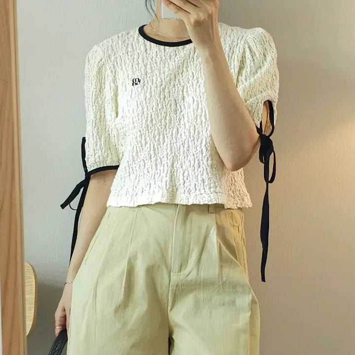[BUNJANG] Mommeben Puff Sleeve Ribbon Blouse Ivory / (F)모메벤 여성 반팔 블라우스 퍼프 리본 아이보리
