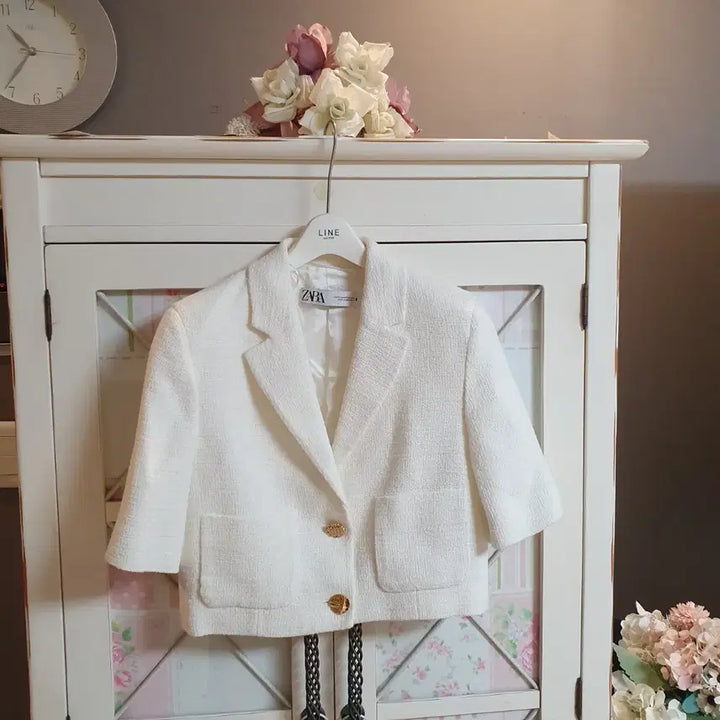 [BUNJANG] Zara White Tweed Short Sleeve Jacket / 자라 화이트 트위드 반팔 자켓/55-날씬66