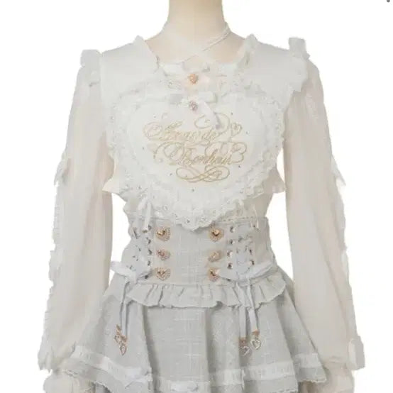 [BUNJANG] LIZLISA Frill Heart Ribbon Blouse White Long Sleeve / 리즈리사 프릴 하트 리본 탑 블라우스 화이트 긴팔