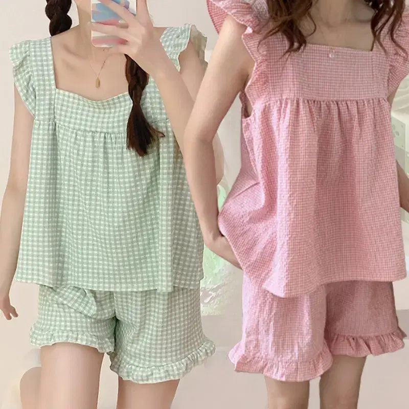 [BUNJANG] Check Gingham Frill Sleeveless Pajama Homewear / 스퀘어민소매체크 깅엄 프릴 민소매 잠옷 파자마 홈웨어 3(2컬러)(2호,