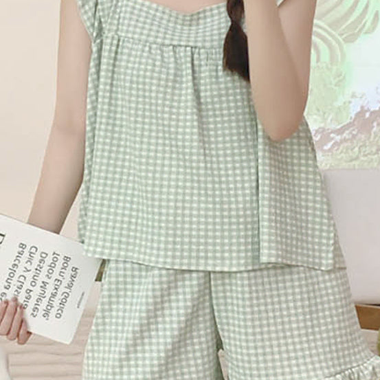 [BUNJANG] Check Gingham Frill Sleeveless Pajama Homewear / 스퀘어민소매체크 깅엄 프릴 민소매 잠옷 파자마 홈웨어 3(2컬러)(2호,