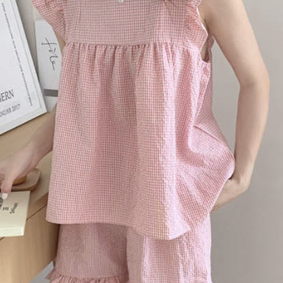 [BUNJANG] Check Gingham Frill Sleeveless Pajama Homewear / 스퀘어민소매체크 깅엄 프릴 민소매 잠옷 파자마 홈웨어 3(2컬러)(2호,