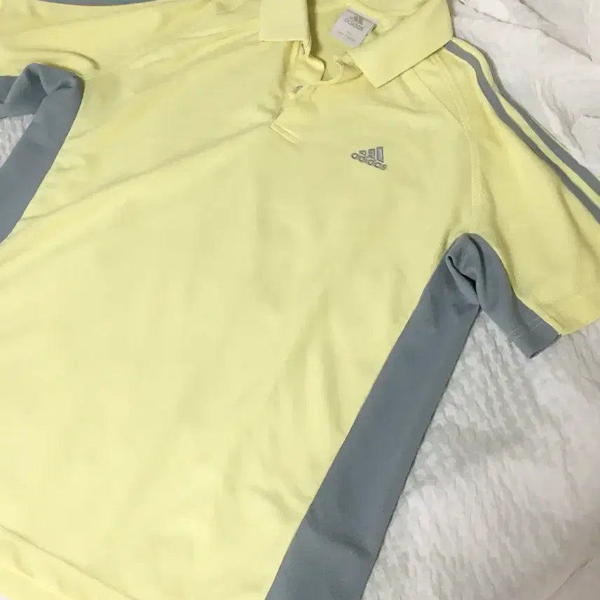 [BUNJANG] Vintage Adidas Three-Stripe Collar T-Shirt Yellow/Grey / 빈티지 스포티 아디다스 삼선 카라티 옐로우/회색