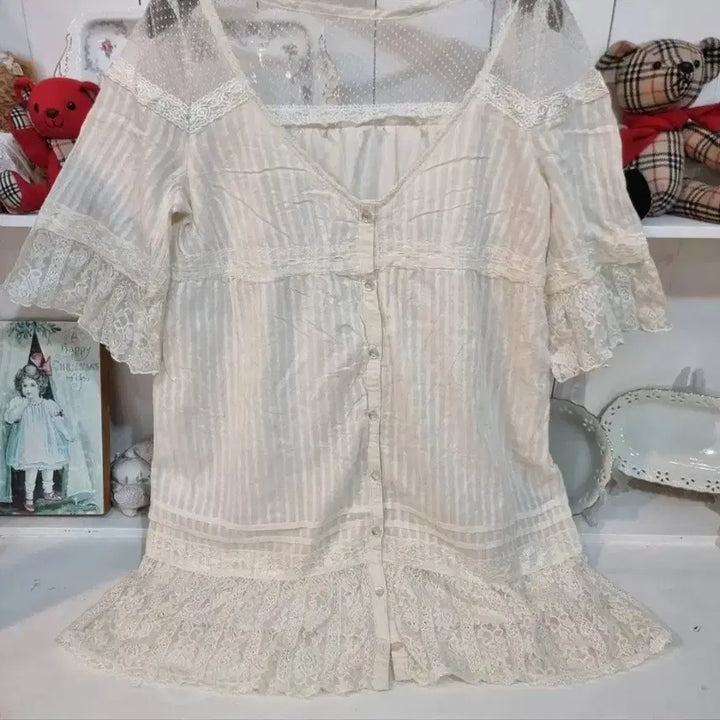 [BUNJANG] Japanese Vintage Romantic Lace Tunic Blouse / 일본빈티지 로맨틱 레이스 튜닉 블라우스