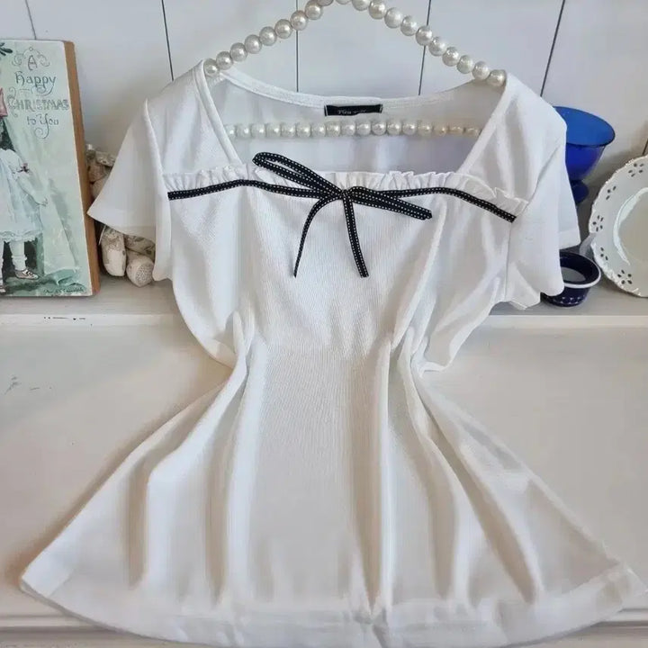 [BUNJANG] Vintage Square Neck Ruffle Top with Stitch Ribbon / 프릴탑 화이트  스티치 리본