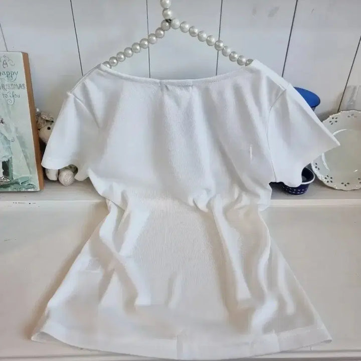 [BUNJANG] Vintage Square Neck Ruffle Top with Stitch Ribbon / 프릴탑 화이트  스티치 리본