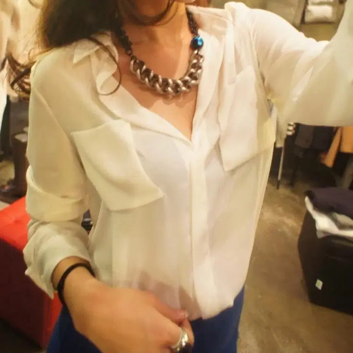 [BUNJANG] White Pocket Long Sleeve Blouse / [S] 화이트 포켓 긴팔 블라우스 1개