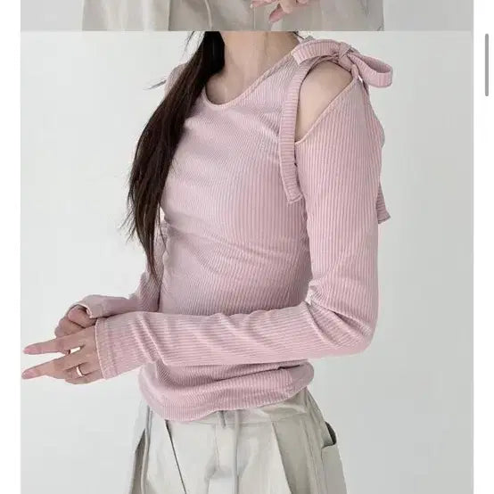 [BUNJANG] Ribbon Pink Off-Shoulder T-Shirt / 리본 핑크 오프숄더 티셔츠