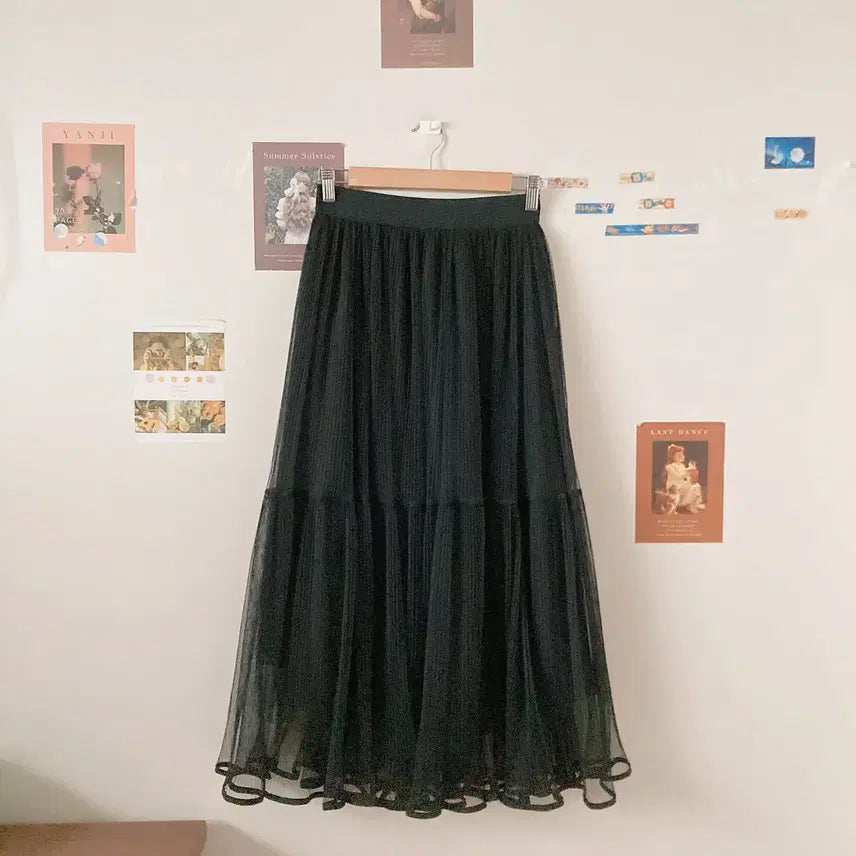 [BUNJANG] Long Flare Black Chiffon Skirt / 롱플레어 블랙 샤스커트