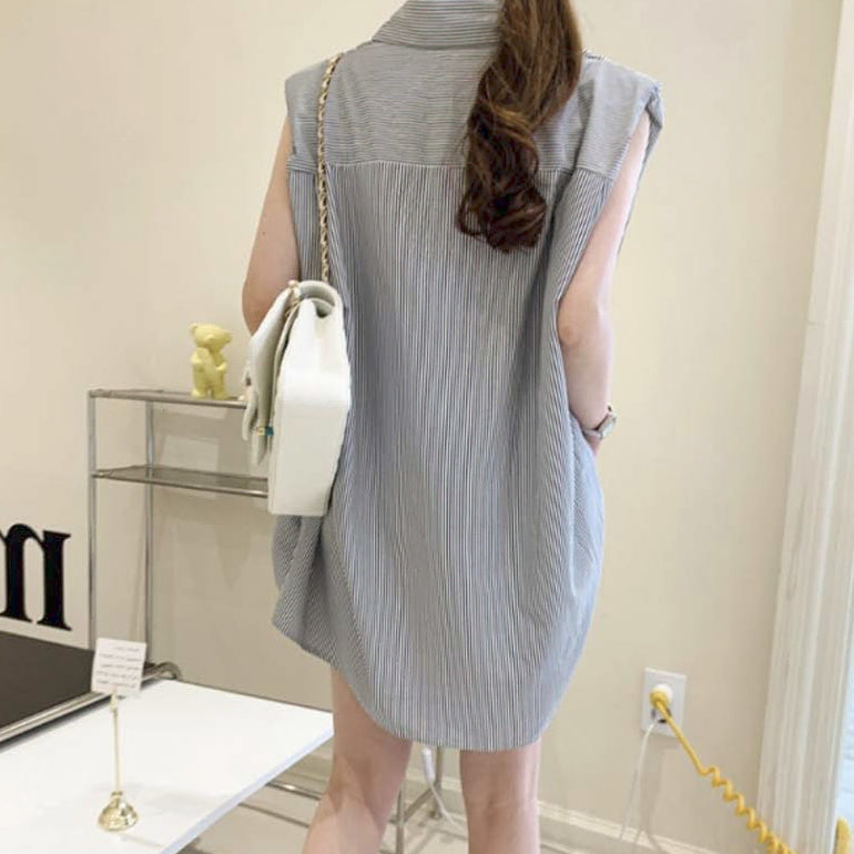 [BUNJANG] Stripe Sleeveless Shirt and Shorts Two-Piece Set / 스트라이프 셔츠 민소매 반팔 투피스 상하세트 3 (FREE(55-66))