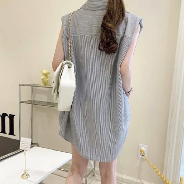 [BUNJANG] Stripe Sleeveless Shirt and Shorts Two-Piece Set / 스트라이프 셔츠 민소매 반팔 투피스 상하세트 3 (FREE(55-66))