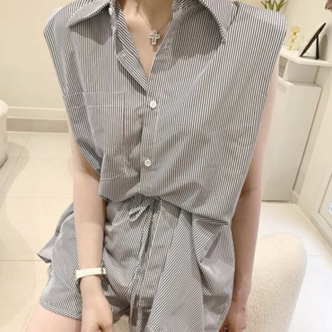 [BUNJANG] Stripe Sleeveless Shirt and Shorts Two-Piece Set / 스트라이프 셔츠 민소매 반팔 투피스 상하세트 3 (FREE(55-66))