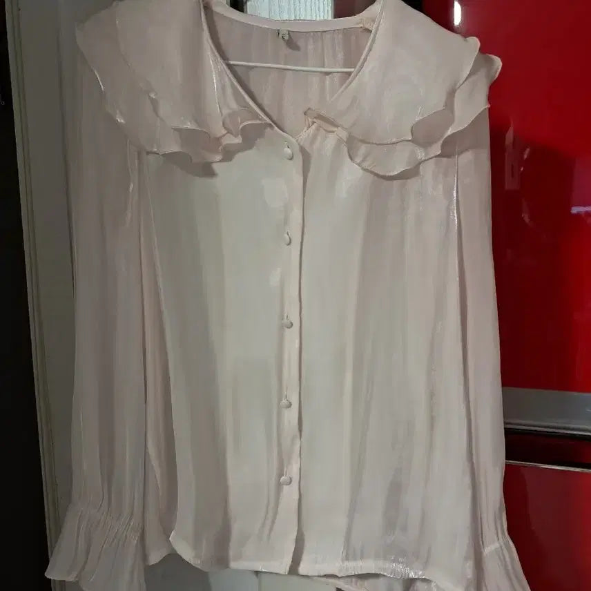 [BUNJANG] Our Sheer Frill Blouse Pink / 아우어 시스루 프릴 폰 블라우스 핑크 새옷