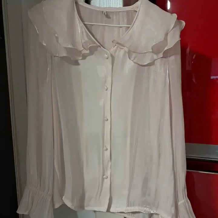 [BUNJANG] Our Sheer Frill Blouse Pink / 아우어 시스루 프릴 폰 블라우스 핑크 새옷