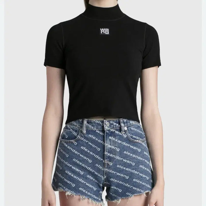 [BUNJANG] Alexander Wang Logo Patch Mock Neck Bodycon Knit Short Sleeve T-shirt / [S] 알렉산더 왕 로고 패치 모크넥 바디콘 니트 반팔티셔츠