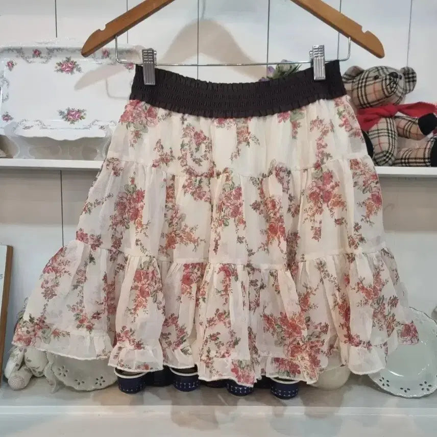 [BUNJANG] Olive des Olive Flower Chiffon Tiered Skirt / 플라워 쉬폰 캉캉 스커트