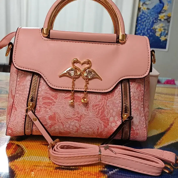 [BUNJANG] Pink Flamingo Decor Tote Bag with Crossbody Strap / 핑크 플라밍고 장식 토트백 + 크로스백 스트랩