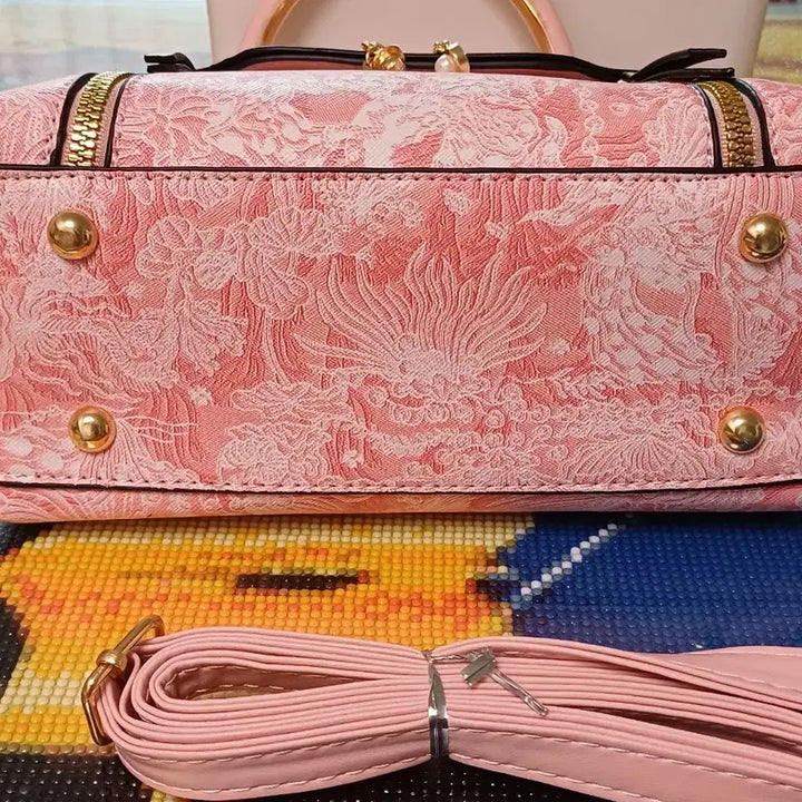 [BUNJANG] Pink Flamingo Decor Tote Bag with Crossbody Strap / 핑크 플라밍고 장식 토트백 + 크로스백 스트랩