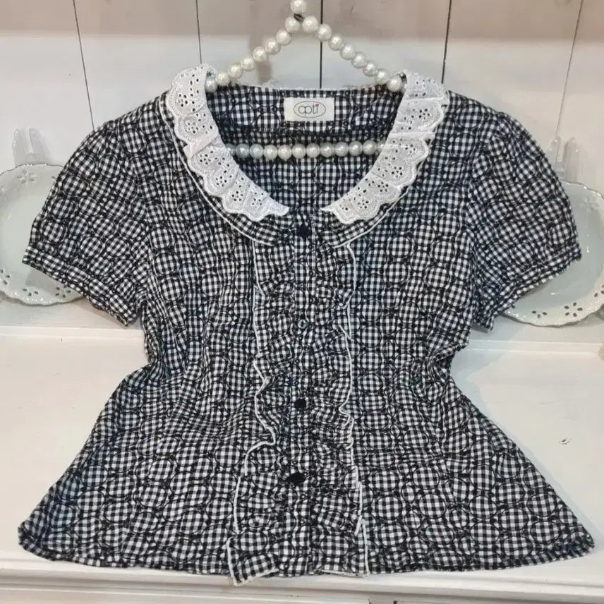 [BUNJANG] Opti Gingham Check Lace Blouse / 깅엄 체크 레이스 블라우스