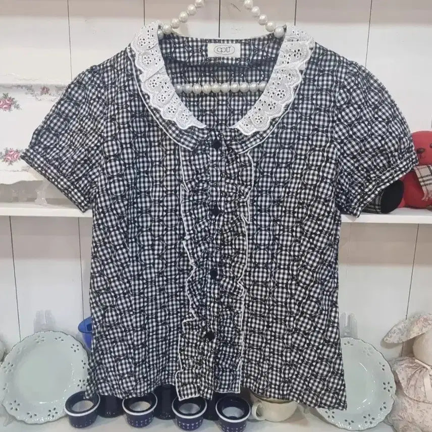 [BUNJANG] Opti Gingham Check Lace Blouse / 깅엄 체크 레이스 블라우스