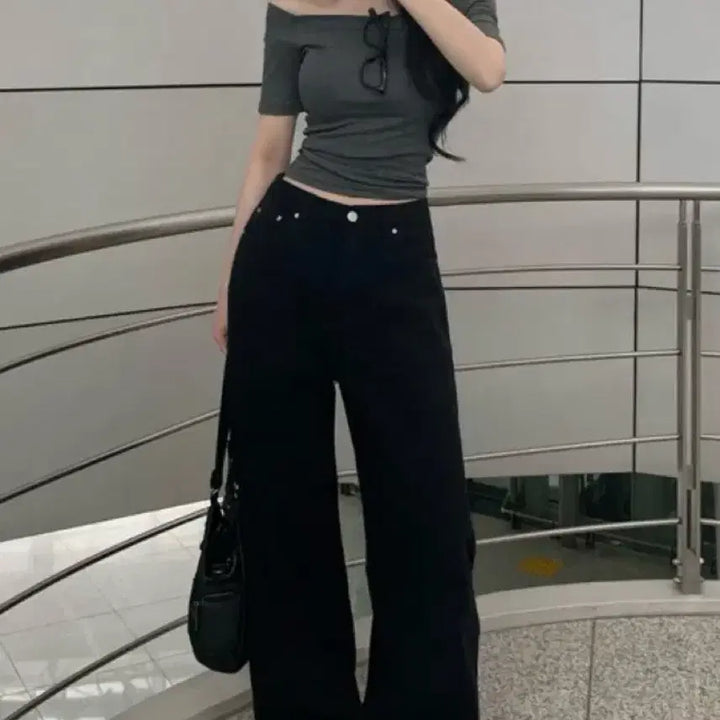 [BUNJANG] Off-Shoulder Short-Sleeve T-Shirt Charcoal / 오프숄더