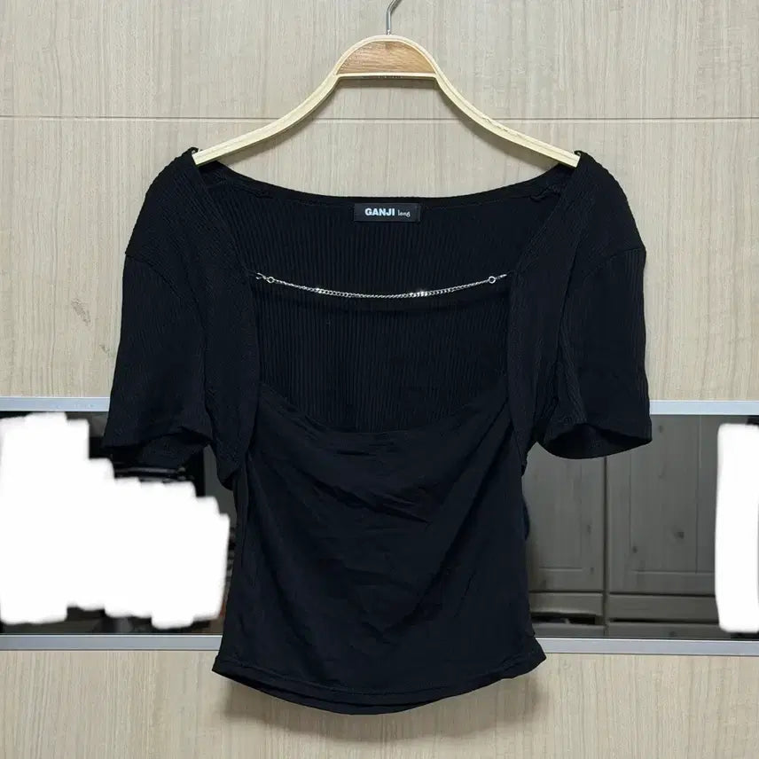 [BUNJANG] Black Chain Square Neck Bolero Short Sleeve T-Shirt / 블랙 체인 스퀘어넥 볼레로 반팔티
