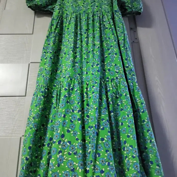 [BUNJANG] Green Puff Sleeve Cotton Long Dress / 초록 퍼프소매 면롱원피스