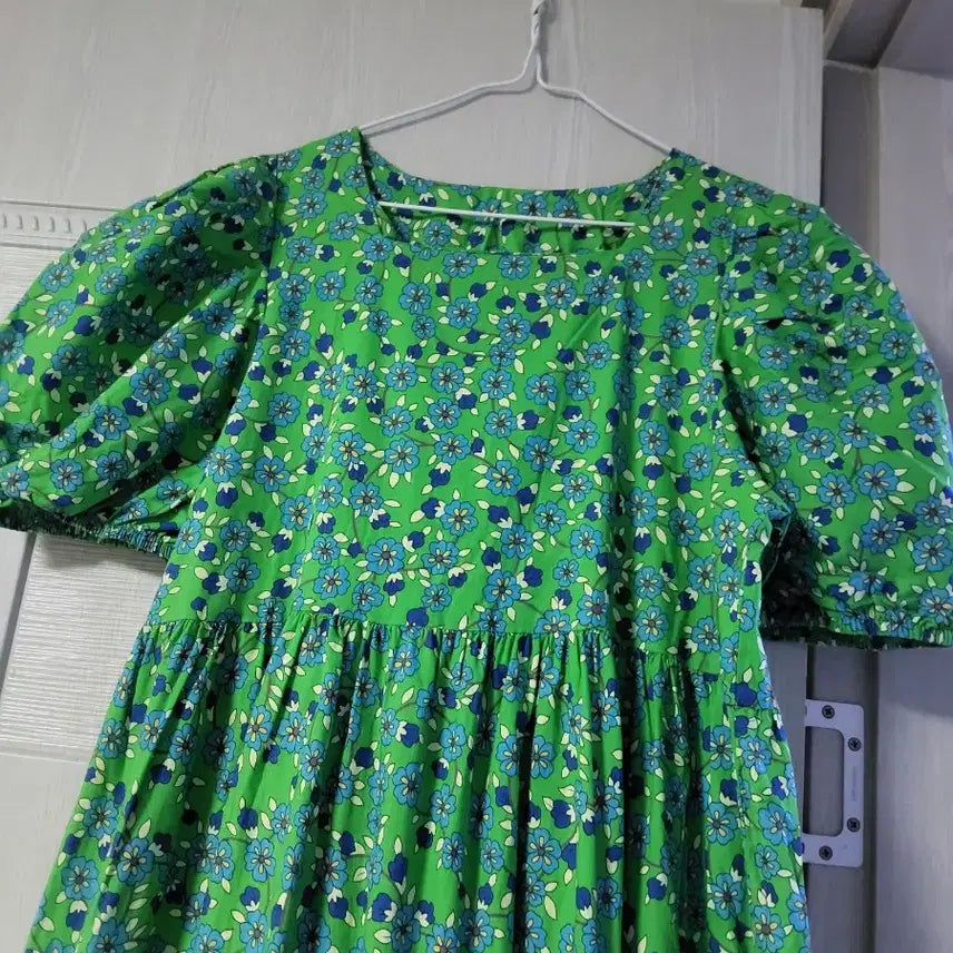 [BUNJANG] Green Puff Sleeve Cotton Long Dress / 초록 퍼프소매 면롱원피스