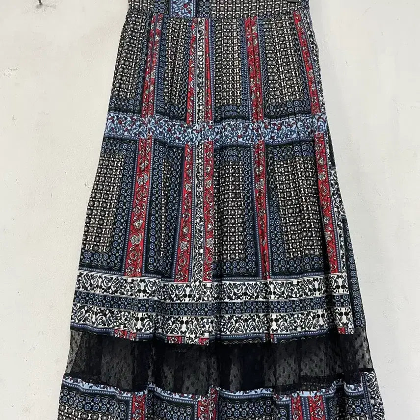 [BUNJANG] Ethnic Dot Mesh Panel Pleated Long Skirt / 특가새)N6317 에스닉 도트 망사배색 롱 스커트.플리츠.보헤미안