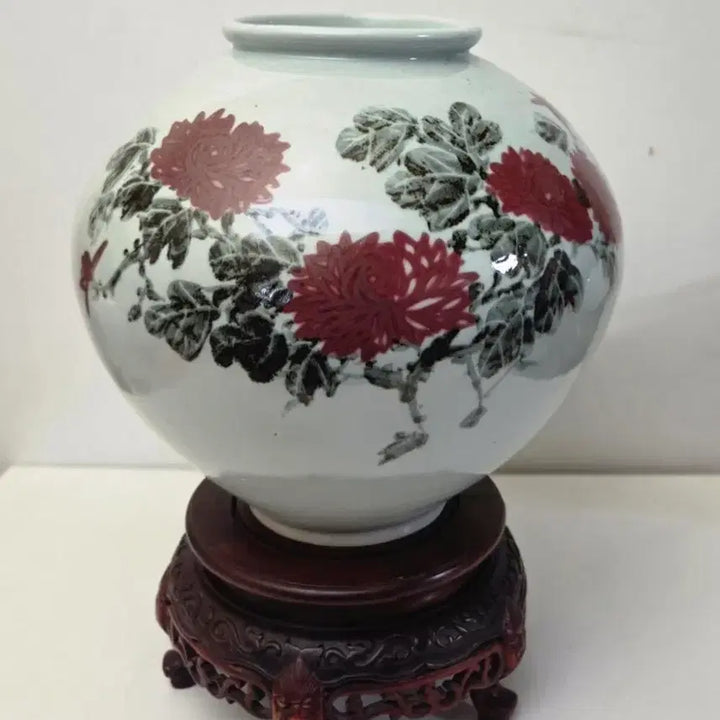 [BUNJANG] White Porcelain Celadon Buncheong Moon Jar with Peony Pattern / *백자 진사 모란문 달 항아리