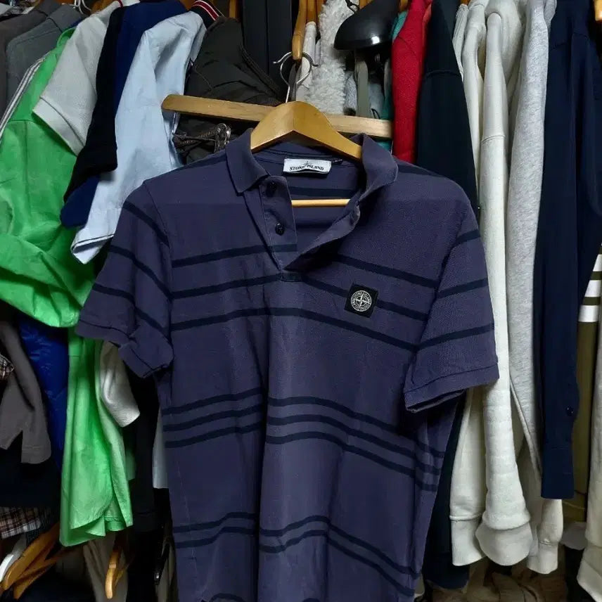 [BUNJANG] Stone Island Striped Short-Sleeve Polo Shirt (L) / 스톤아일랜드 스트라이프 반팔 폴로티 L
