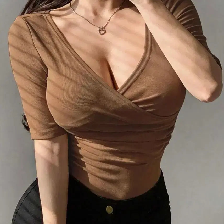 [BUNJANG] Brown 7-Sleeve Ribbed Wrap T-Shirt / 브라운 7부 골지 랩 티셔츠 새상품