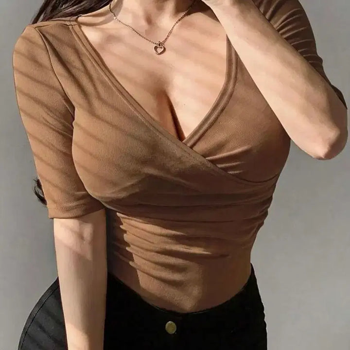 [BUNJANG] Brown 7-Sleeve Ribbed Wrap T-Shirt / 브라운 7부 골지 랩 티셔츠 새상품